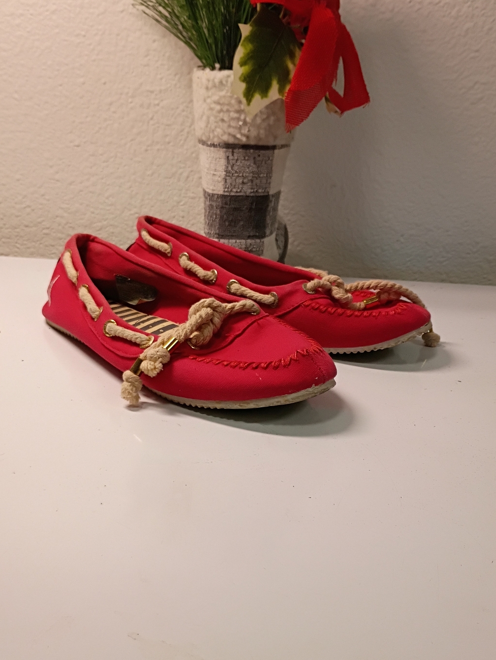 Nautica Red Moccasin-Style Rope-Trim Flats